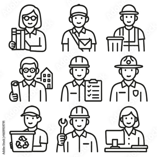 Public Services Icons. Line style icons of public service occupations: librarian with books, post office worker, sanitation worker