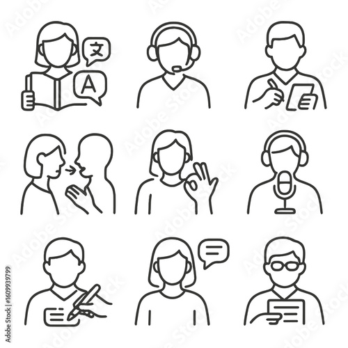 Career Line Icons. Line style icons of communication and language careers: translator with book, interpreter with headset,