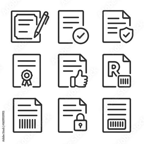 Line Style Licensing Icons. Line style icons of licensing and permissions: certificate with pen icon, permission document symbol,