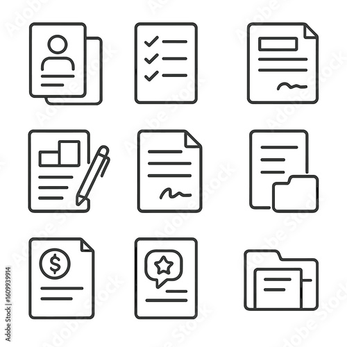 Contract Icons Collection. Line style icons of client and service contracts: customer and provider paper, checklist of services,