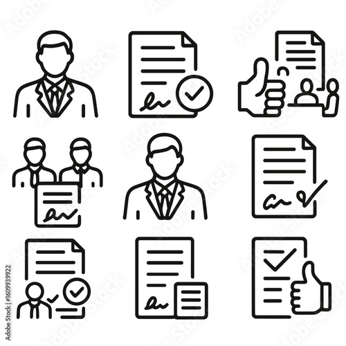 Executive Agreement Icons. Line style icons of executive and board agreements: CEO with signed file, board approval document, vote