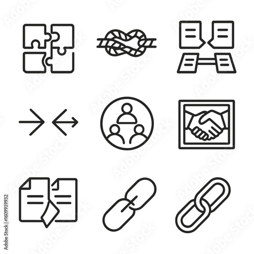 Agreement Icons Collection. Line style icons of visual metaphors for agreement: puzzle pieces joined, rope knot icon, bridge