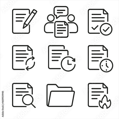 Contract Lifecycle Icons. Line style icons of contract lifecycle steps: draft paper with pencil, negotiation stage icon, signed