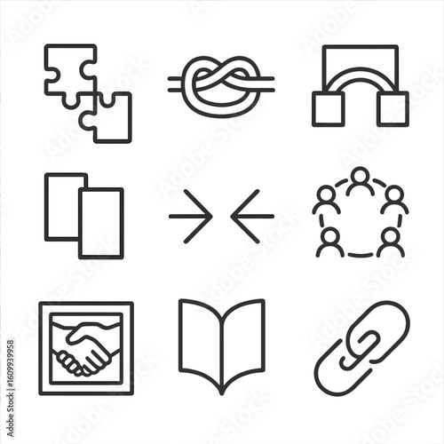 Agreement Icons Collection. Line style icons of visual metaphors for agreement: puzzle pieces joined, rope knot icon, bridge