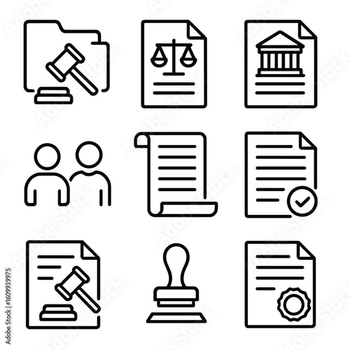 Legal Icons Collection. Line style icons of legal case documents: case folder with gavel, legal record paper, hearing summary page