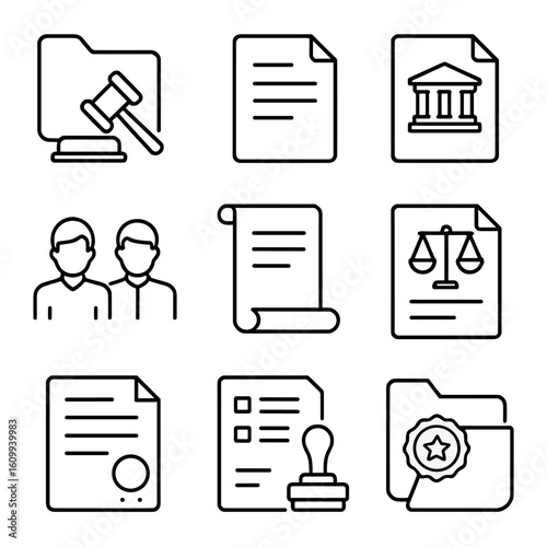 Legal Icons Collection. Line style icons of legal case documents: case folder with gavel, legal record paper, hearing summary page