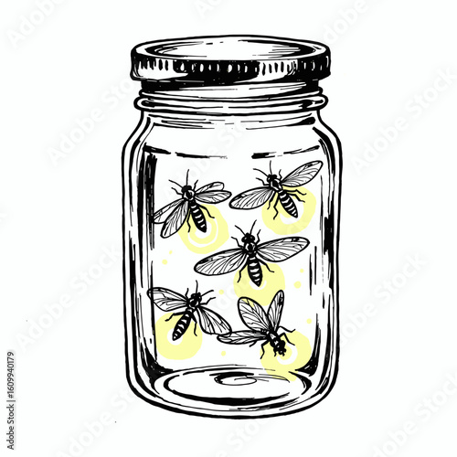 Fireflies Inside a Glass Bottle — vintage ink sketch doodle black and white vector illustration on white background


