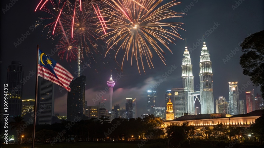 Fototapeta premium Kuala lumpur skyline fireworks malaysia independence day celebration city lights