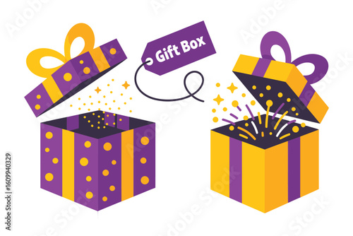 Unveil the magic of surprise with vibrant, celebratory gift boxes bursting with festive confetti and a charming "Gift Box" tag, perfect for promotions, holidays, and special occasions.