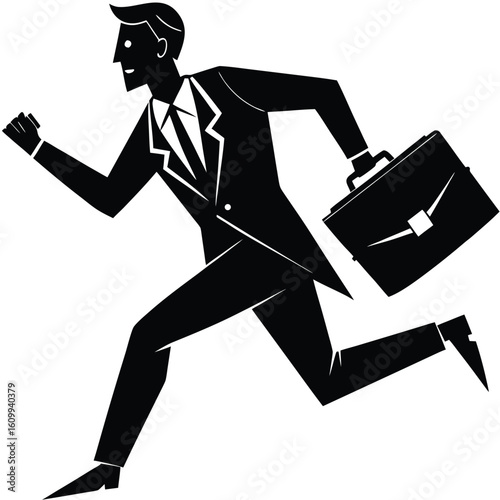 a businessman running with a briefcase. Productivity and urgency theme, perfect for finance and startup graphics