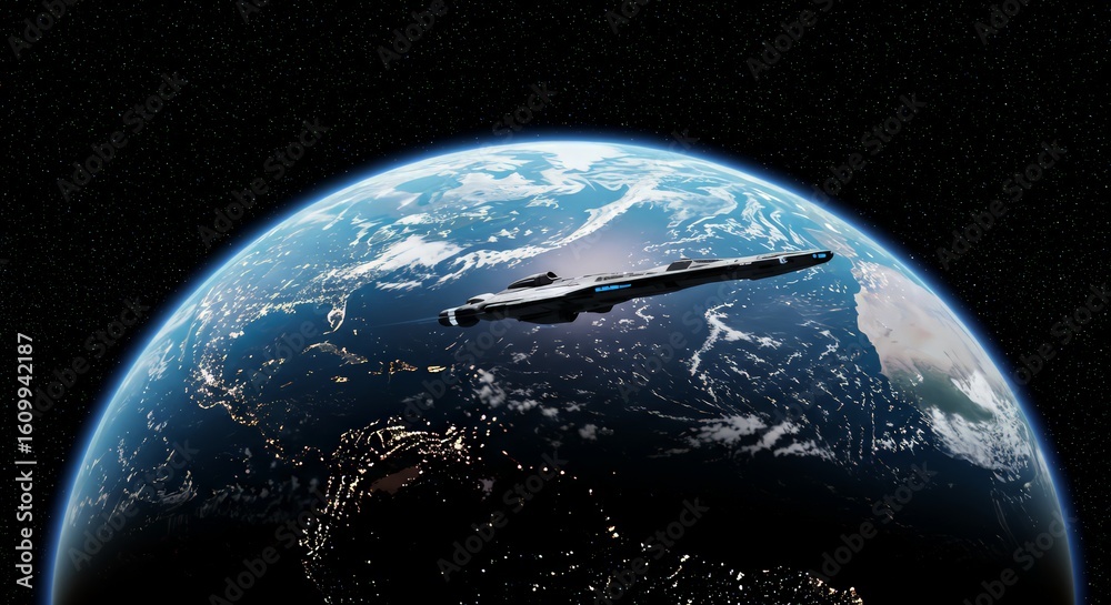 Obraz premium Cosmic Canvas: Earth’s Blue Sphere Framed by a Futuristic Starship
