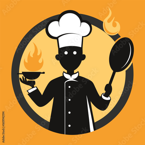 a chef holding a frying pan. Perfect for food, cooking, or restaurant designs