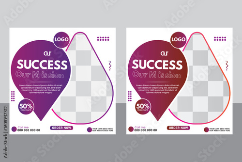 Dynamic Success: A pair of vibrantly designed social media posts promote business achievements, featuring eye-catching elements such as geometric shapes, vibrant gradients, and compelling text.