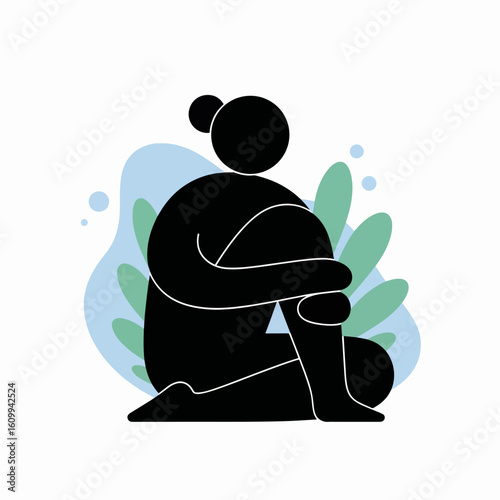 Abstract silhouette of a person sitting with knees hugged in nature  