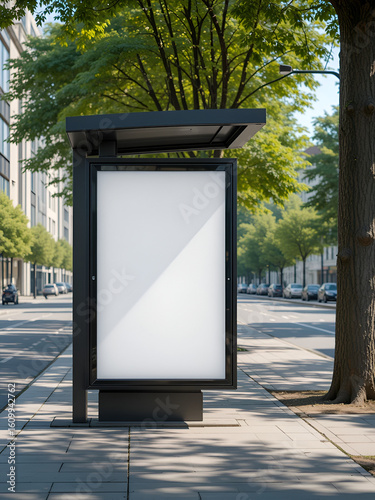 A prominent, blank white advertising panel within a modern bus stop shelter stands beside a tree-lined urban street, offering a versatile creative concept for outdoor marketing and future design campa