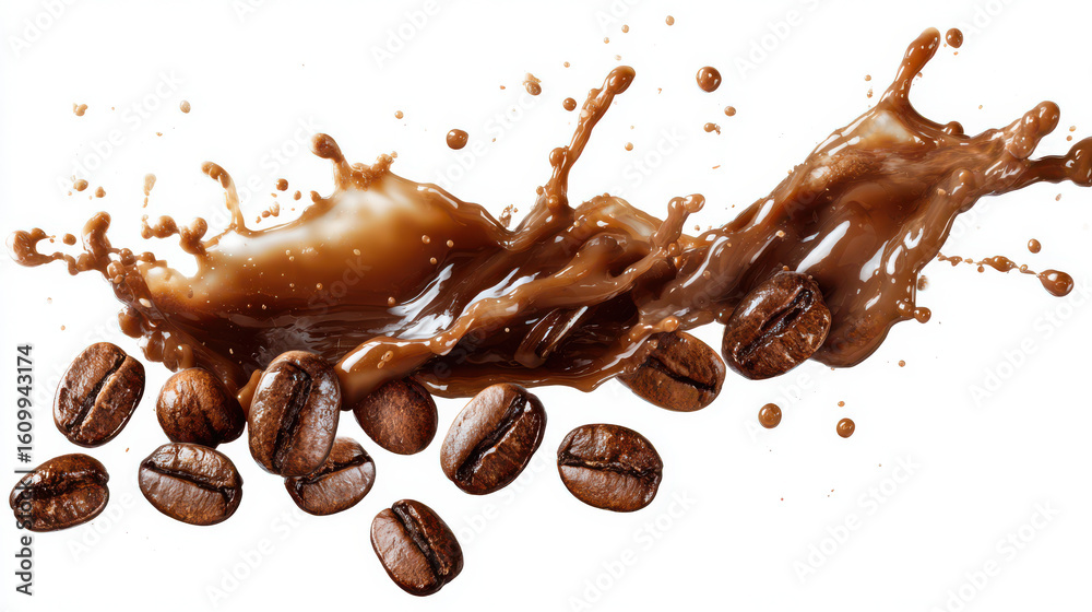 Fototapeta premium Close up of fresh roasted coffee beans with liquid splash
