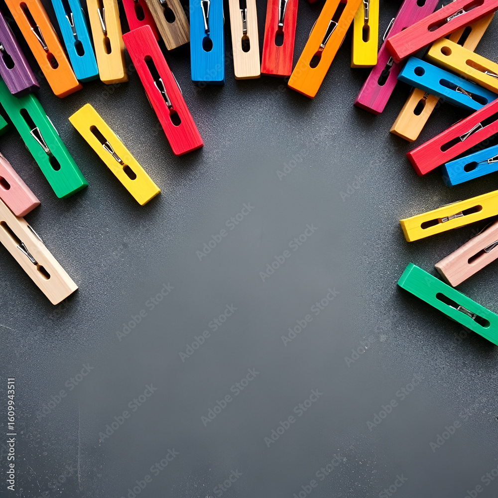 Obraz premium Hand made background, lot of colorful wooden clothespins on dark gray concrete, copy space