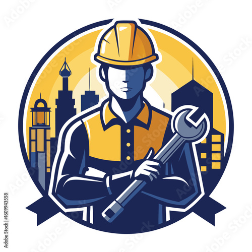 a construction worker holding a wrench and wearing a safety helmet. Industrial and hardworking theme,