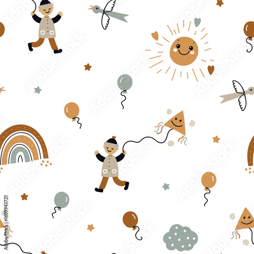 Vector Happy Childhood Seamless Pattern - Joyful Boy Running with Kite, Rainbow, Sun and Balloons. Playful Kids Background for Textile, Room, Nursery Wallpaper in Earth Tones