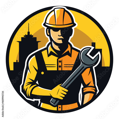 a construction worker holding a wrench and wearing a safety helmet. Industrial and hardworking theme,