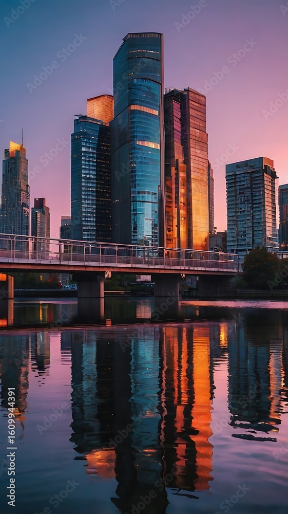 Fototapeta premium Cityscape Reflections Urban Architecture at Sunset