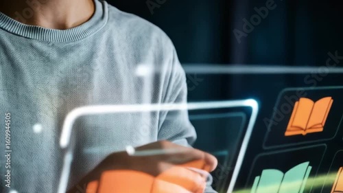 Person interacting with digital interface showcasing online learning modules with glowing book icons and data streams