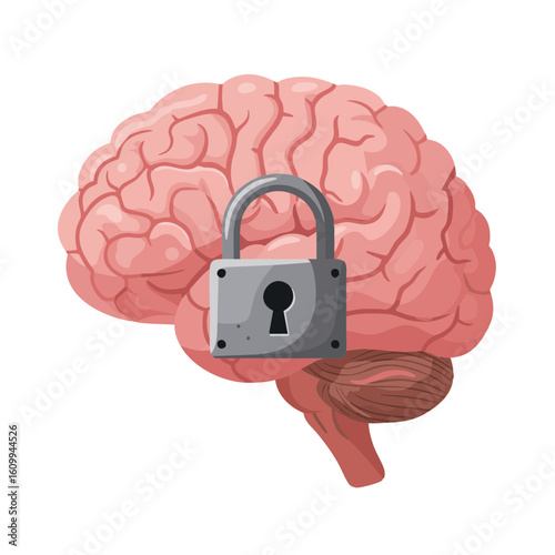 Vector illustration of human brain with lock symbol flat on white background, mental health