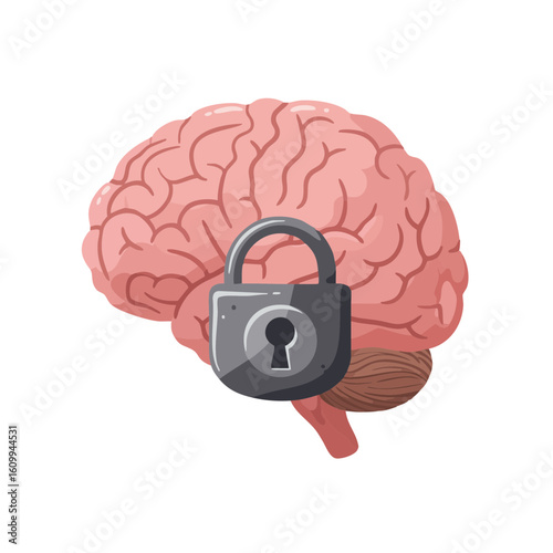 Vector illustration of human brain with lock symbol flat on white background, mental health