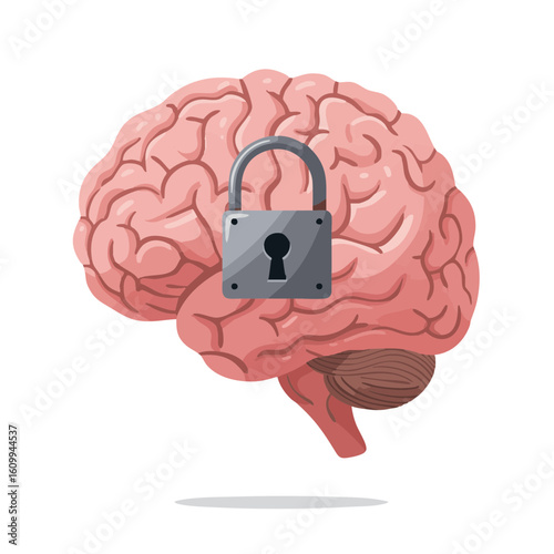Vector illustration of human brain with lock symbol flat on white background, mental health
