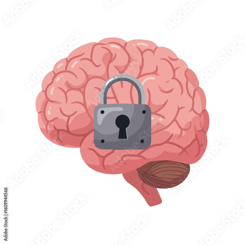 Vector illustration of human brain with lock symbol flat on white background, mental health