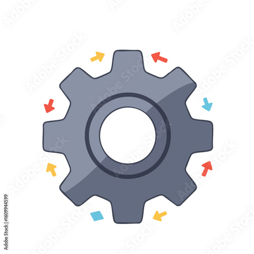 Vector illustration of gear with flow arrows flat on white background, process automation