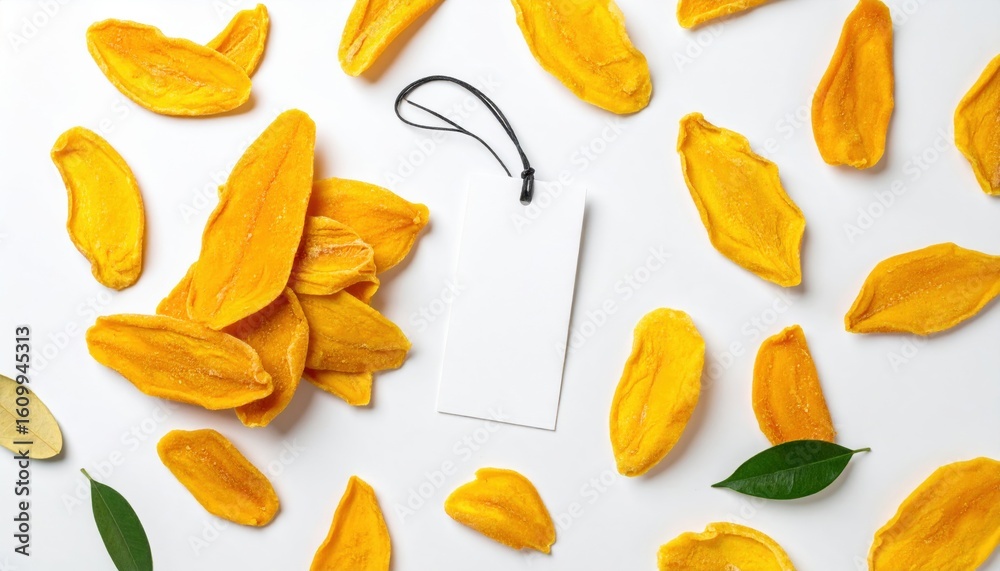 Naklejka premium Flat Lay Mockup of Mango Snacks and Label Tag
