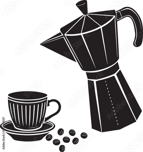 Black and white illustration of a moka pot with coffee cup and beans isolated on a white background