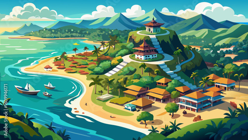 very Beautiful An aerial panoramic image of Candidasa shoreline on Bali island in Indonesia