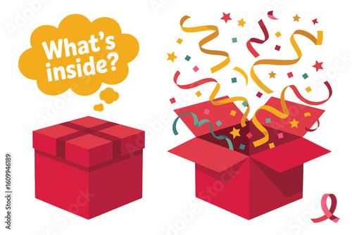 Exciting surprise gift box bursts open with vibrant confetti and streamers, sparking curiosity with a "What's inside?" thought bubble, perfect for celebrations and promotions.