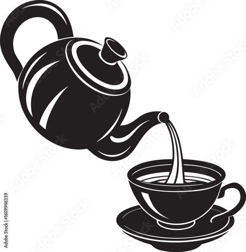 A black and white illustration of a teapot pouring hot liquid into a teacup and saucer, isolated on a white background.