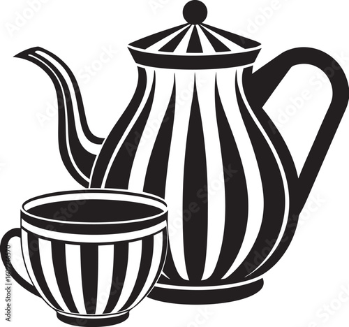 A black and white illustration of a teapot and a teacup with bold vertical stripes, presented isolated on a white background.