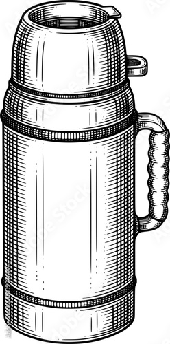 Classic thermos bottle in hand-drawn style