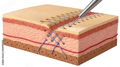 Realistic visualization of a healing surgical suture — skin pulling together with visible stitches, collagen matrix rebuilding underneath