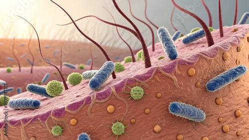 Detailed view of skin microbiome — beneficial bacteria on skin surface interacting with lipids, forming invisible protective barrier