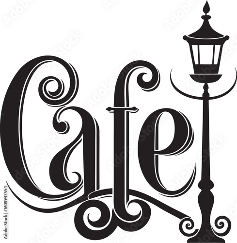 A stylized 'Cafe' wordmark with decorative swirls, accompanied by a classic lamppost, all isolated on a clean white background.