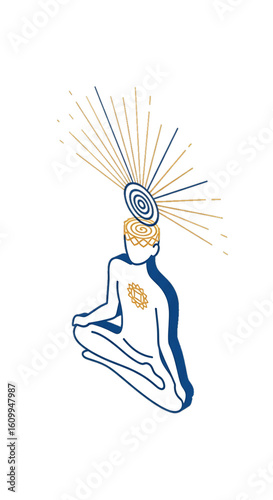 Person meditating with glowing brain, symbolizing mindfulness and enlightenment.