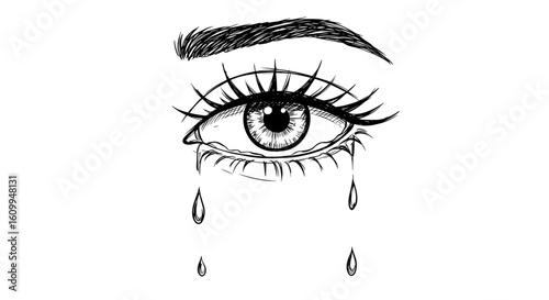 Female eye with tears — vintage ink sketch doodle black and white vector illustration on white background, engraving or woodcut style