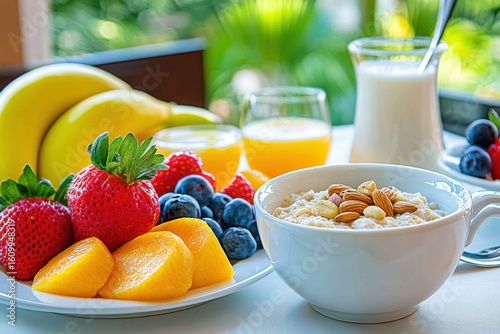 This appealing breakfast scene showcases a bowl of oatmeal topped with fresh strawberries, blueberries, almonds, and served alongside vibrant fruits and juice.