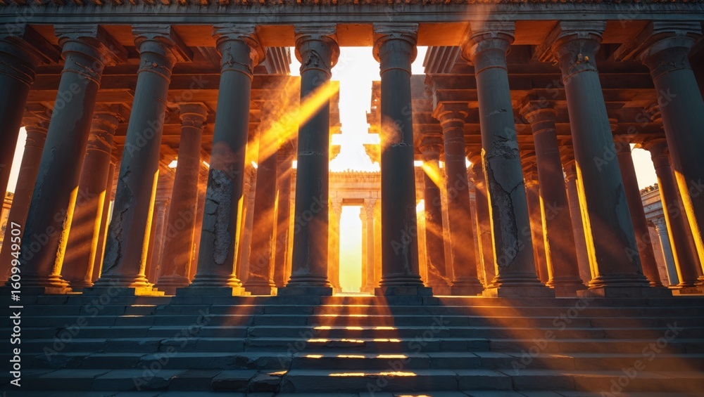 Fototapeta premium Sunlight streams through ancient columns, creating a dramatic play of light and shadow.