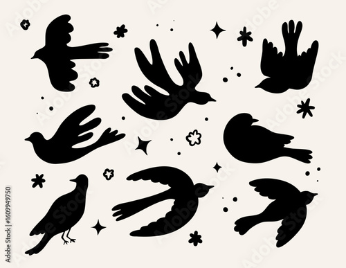 Vector set elements with silhouette birds, flying bird, minimalistic style. For design and branding.