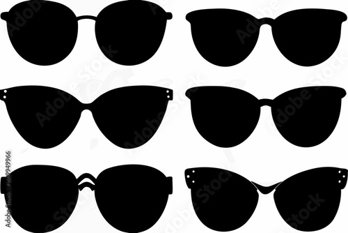 Collection of six different styles of sunglasses displayed in a simple and clean black silhouette style
