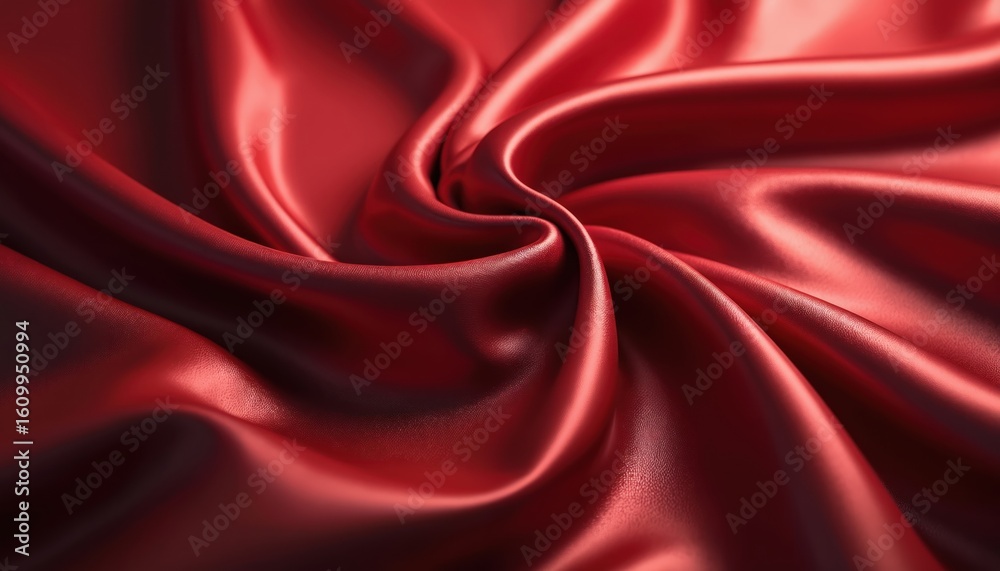 Obraz premium Deep red shiny fabric draped smoothly, showing luxurious folds and subtle creases. This material reflects light with a rich sheen, suggesting elegance and premium quality for fashion or decor.