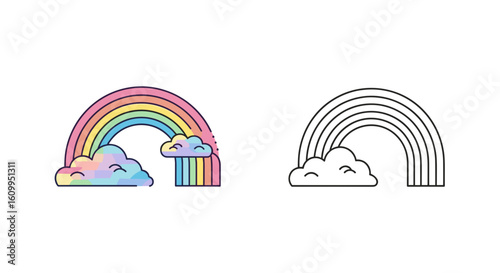 Illustration showing a colored rainbow and a black and white rainbow with clouds next to it
