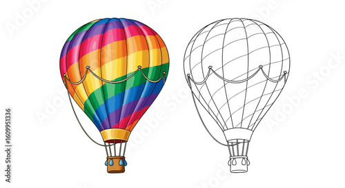 Illustration showing a colorful hot air balloon and a line art version of it too